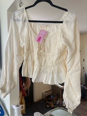 Neuflora dupe Ivory Peasant Blouse with Tie Neck